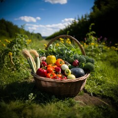 A basket full of vegetables and fruit in the middle of a green meadow in an orchard on a sunny day.
