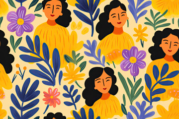 A seamless pattern dedicated to International Women's Day, featuring vibrant flowers symbolizing diversity and solidarity with women worldwide