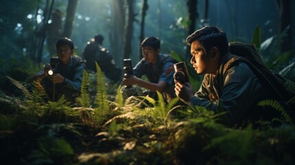 Asian Scout students, led by a squad leader and a group of Scouts wearing scout uniforms are exploring nature - obrazy, fototapety, plakaty