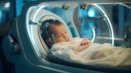 Beautiful newborn baby in an incubator at the hospital - neonatal intensive - obrazy, fototapety, plakaty