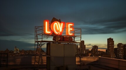 Twilight love neon sign on urban rooftop