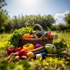 A basket full of vegetables and fruit in the middle of a green meadow in an orchard on a sunny day.