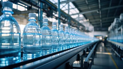 Drinking water plant factory cleaned clear drink water bottle no label in production line. - obrazy, fototapety, plakaty