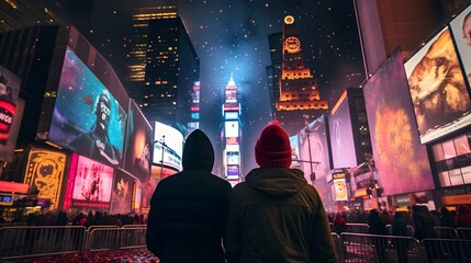 Romantic Couple's New Year's Eve in Times Square, New York, Celebrating their love and new year