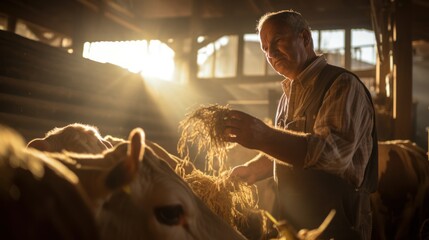 Farmer holding organic mixture food of corn and wheat and giving them to cows in barn farm - obrazy, fototapety, plakaty