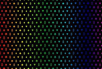 Dark multicolor, rainbow vector template with poker symbols.