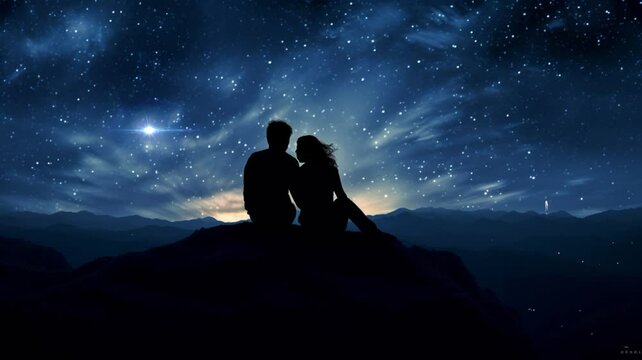 silhouette of a couple sitting on a hill looking at the moon and stars. seamless looping time-lapse virtual video Animation Background.