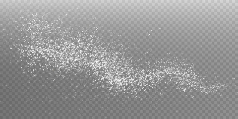 White scattering of small particles of sugar crystals, flying salt, top view of baking flour. White powder, powdered sugar explosion isolated on transparent light background. Vector illustration. - obrazy, fototapety, plakaty