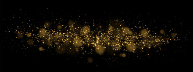 Bokeh, dust sparks and golden stars glow with special light. Vector sparks on transparent background. Christmas light effect. Sparkling magic dust particles.