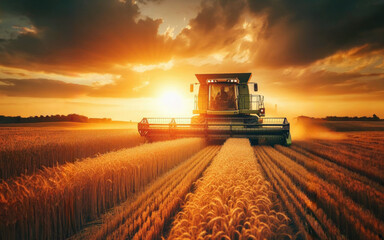Fototapeta premium Combine harvester harvesting ripe wheat on big wheat field and tractor