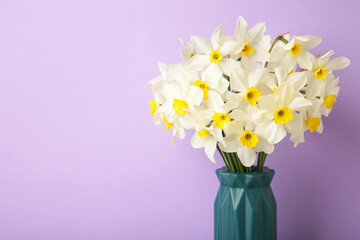 Spring easter background with daffodils bouquet in vase on purple background. Space for text