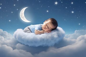 nonato maschio che dorme su nuvola cielo stellato neonato bambini  - obrazy, fototapety, plakaty