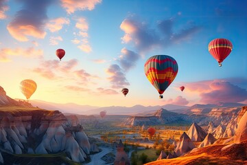 Whimsical scene of hot air balloons soaring over a picturesque landscape during a vibrant sunrise, adventure and exploration