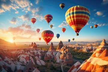 Whimsical scene of hot air balloons soaring over a picturesque landscape during a vibrant sunrise, adventure and exploration