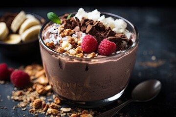 Wholesome and indulgent chocolate smoothie bowl with a variety of toppings, a nutritious and visually appealing breakfast option