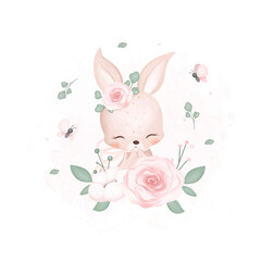 Watercolor Illustration Cute Rabbit with Flowers and Butterflies