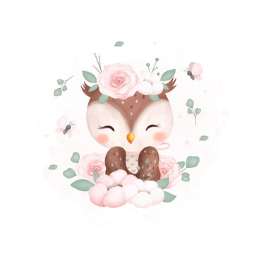 Watercolor Illustration Cute Owl with Flowers and Butterflies