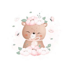 Watercolor Illustration Cute Bear with Flowers and Butterflies