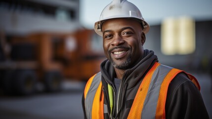 Portrait of a happy African American construction worker looking at the camera and smiling - building