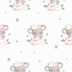 Seamless Pattern Cute Mouse with Flowers and Butterflies