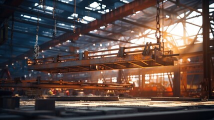 Steel hook crane constructing metal building. - Powered by Adobe