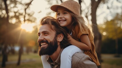bearded caucasian smiling Father carrying Cute young daughter piggyback being truly happy. Father And Daughter Walking on park AI - obrazy, fototapety, plakaty