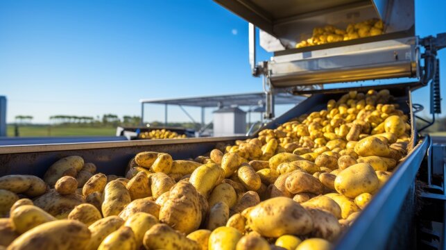 Potatoes are transferred into the container through a close-up potato conveyor.
