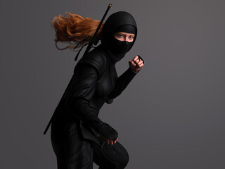 A red-haired female ninja in battle stance. Traditional ninja style. 3d illustration.