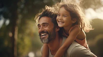 Foto op Plexiglas bearded caucasian smiling Father carrying Cute young daughter piggyback being truly happy. Father And Daughter Walking on park AI © yana136