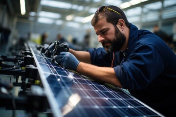 American engineers installing solar panels at a manufacturing factory - obrazy, fototapety, plakaty