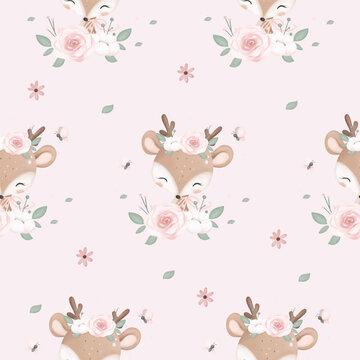 Seamless Pattern Cute Deer with Flowers and Butterflies