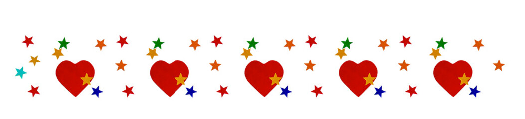 Red heart and multi-colored stars isolated on transparent background. Flat lay. Copy space for valentine day. PNG border