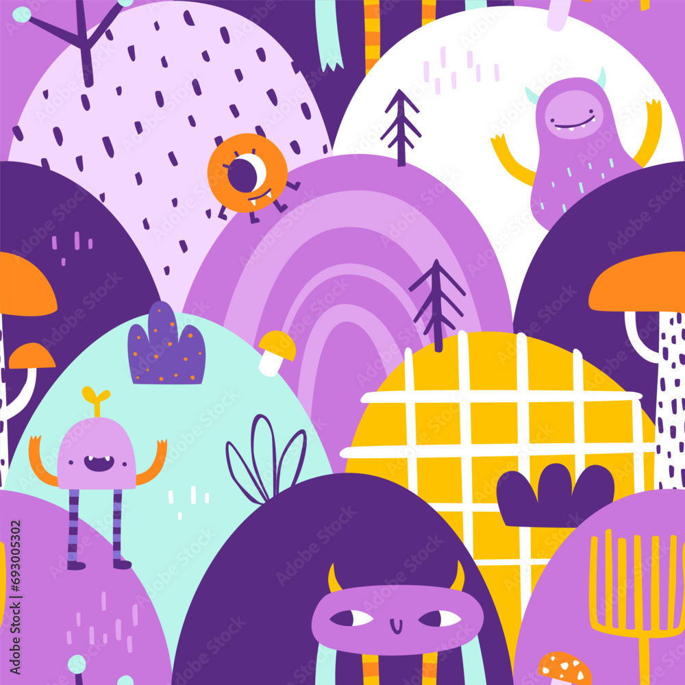 Poster cute pattern with funny monsters on the hills for baby. scandinavian vector print with abstract mons