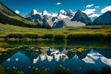 A serene mountain lake reflecting the azure sky and surrounding peaks, bordered by a lush field of wildflowers in various shades, celebrating the arrival of spring.