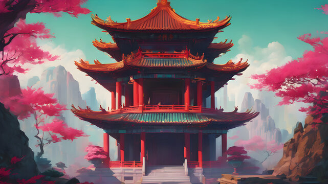 Detailed Mystic fantasy temple detailted paint illustration for wallpaper 