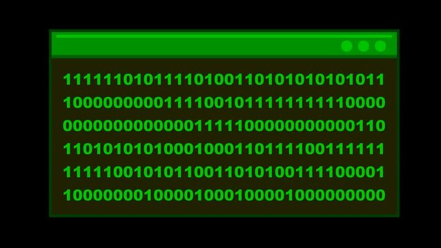 video animation pc cmd terminal green icon with a moving binary code, in concept of matrix, computer virus or hacker. On a transparent background with alpha channel set to zero