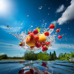 Summer fruit flying with splashing water, in the background a green field with a blue sky full of clouds on a hot summer day