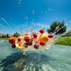 Summer fruit flying with splashing water, in the background a green field with a blue sky full of clouds on a hot summer day