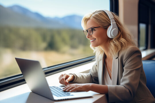 Gesch&auml;ftsfrau reist in einem Hochgeschwindigkeitszug und arbeitet an ihrem Laptop und nimmt an einem Videotelefonat teil.  Konzept f&uuml;r mobiles Arbeiten, digitaler Nomade