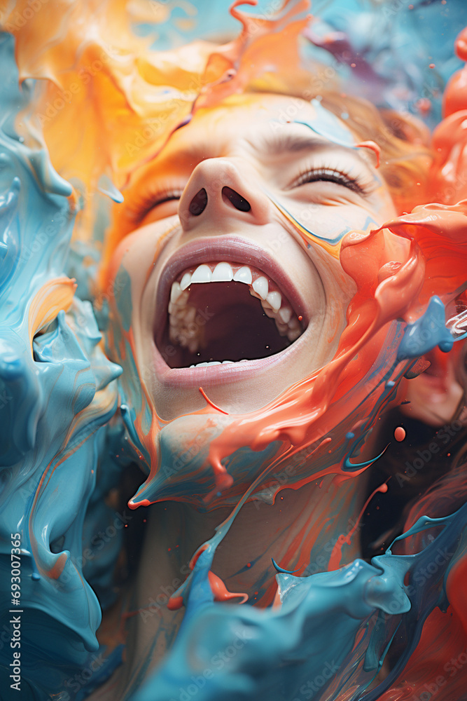 Poster abstract representation of laughter with bright, upward strokes.