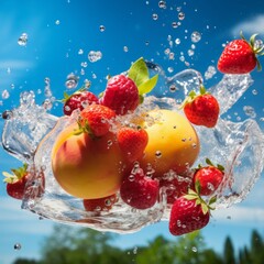 Summer fruit flying with splashing water, in the background a green field with a blue sky full of clouds on a hot summer day