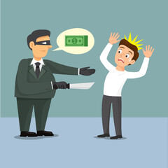 Robber businessman with knife in suit want money from other man.illustration vector cartoon.