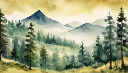 Fotobehang Colorful mystic art nature watercolor landscape painting with forest, mountains, trees, mist and woods. ai generated. © Laura