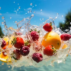 Summer fruit flying with splashing water, in the background a green field with a blue sky full of clouds on a hot summer day