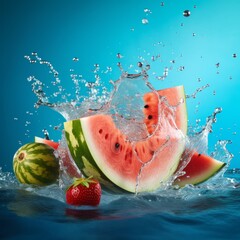 A professional photograph with a watermelon and summer fruits flying with splashing water, blue background