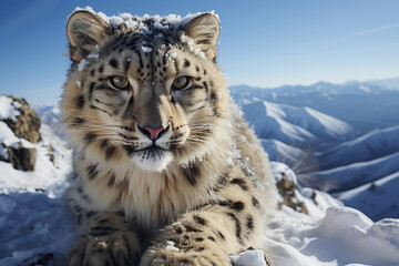 The elusive Snow Leopard in the snowy mountains of Central Asia.