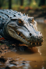 Obraz premium A Gharial crocodile with its long, narrow jaw, on a riverbank.