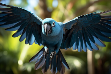 A Spix's Macaw in flight, showcasing its brilliant blue feathers.