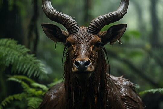 The ethereal Saola, often called the Asian Unicorn, in a forest clearing.