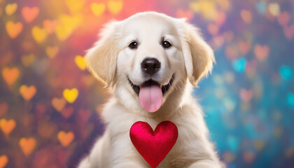 Golden Retriever Puppy with red heart, Valentine's Day